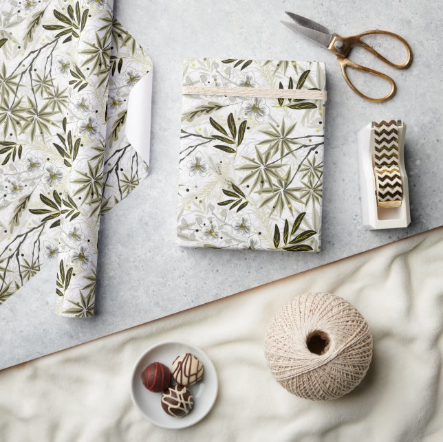Papier Cadeau Orchidées blanches aux feuilles tropicaux d'olivie (Artisanat)