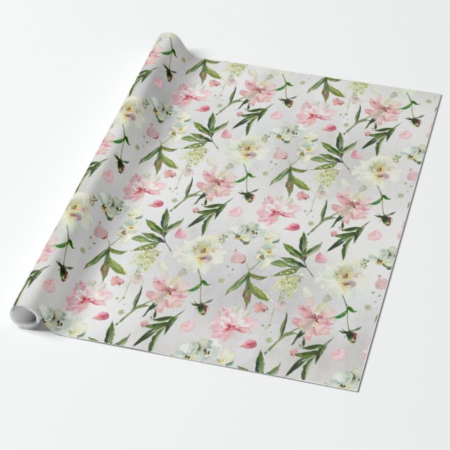 Papier Cadeau Orchidées Blanches Peonées & Pétales Roses Jardin  (Déroulé)