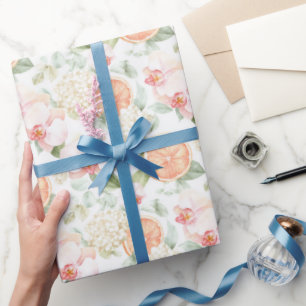 Papier Cadeau Orchidées Roses Tropicales Pêche Pamplemousse Anni