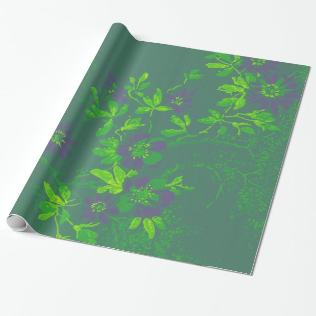 Papier Cadeau Oriental Bambou vert violet Emerald Cali Floral (Déroulé)
