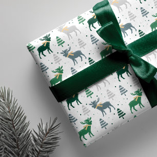 Papier Cadeau Orignaux, arbres, et motif de fête de Noël de