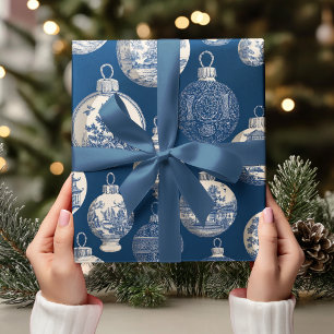Papier Cadeau Ornement de Noël en toile bleue de luxe