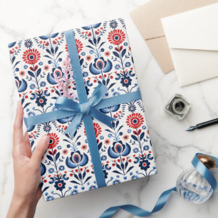 Papier Cadeau Ornement populaire scandinave bleu et rouge