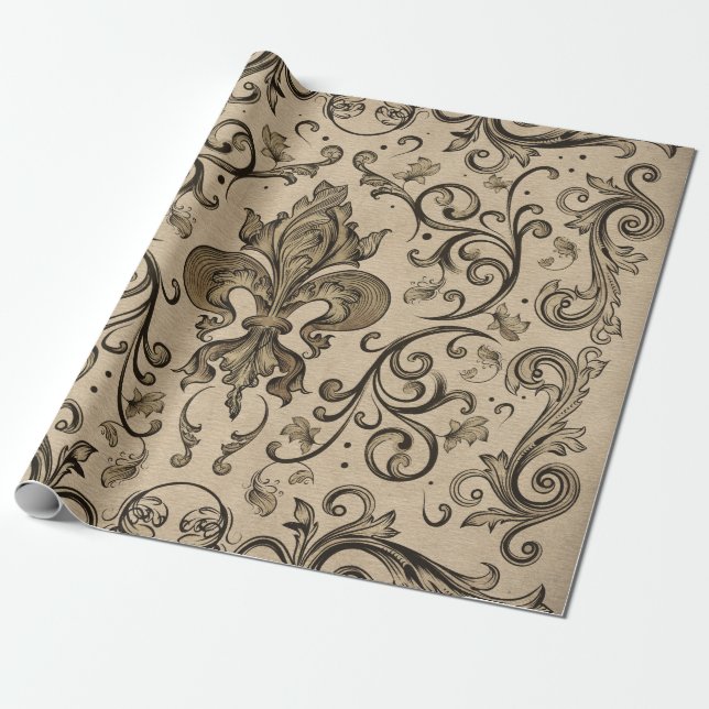 Papier Cadeau Ornement Vintage de Fleur de lis (Déroulé)