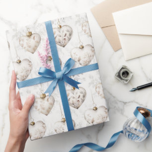 Papier Cadeau Ornements de mariage coeurs gris crème chic