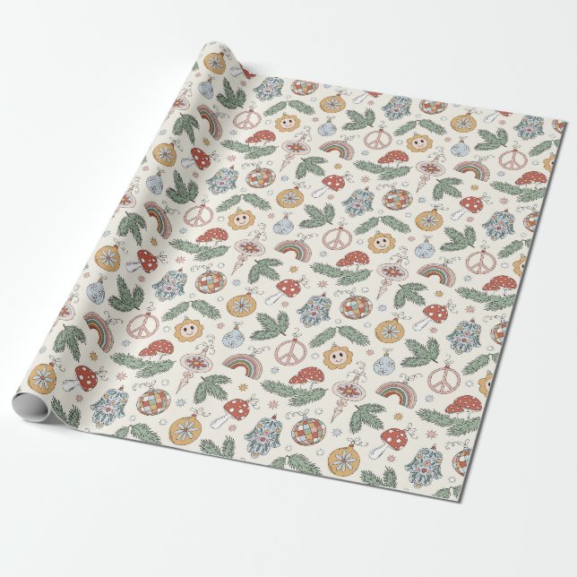 Papier Cadeau Ornements de Noël anciens et panneaux de paix (Déroulé)
