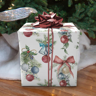 Papier Cadeau Ornements de Noël Aquarelle Botanique