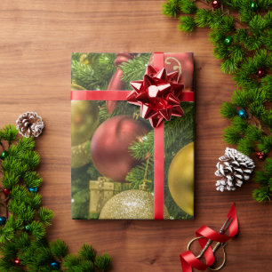 Papier Cadeau Ornements de Noël Gold Red & Green