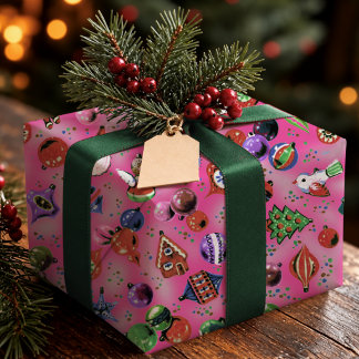 Papier Cadeau Ornements de Noël Rétro Rose Joyeux