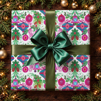 Papier Cadeau Ornements de Noël Rétro Turquoise Rose Vibrant