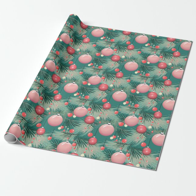 Papier Cadeau Ornements de Noël rose du milieu du siècle (Déroulé)