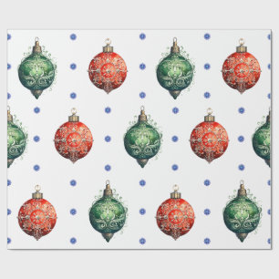 Papier Cadeau Ornements de Noël rouge et vert sur blanc