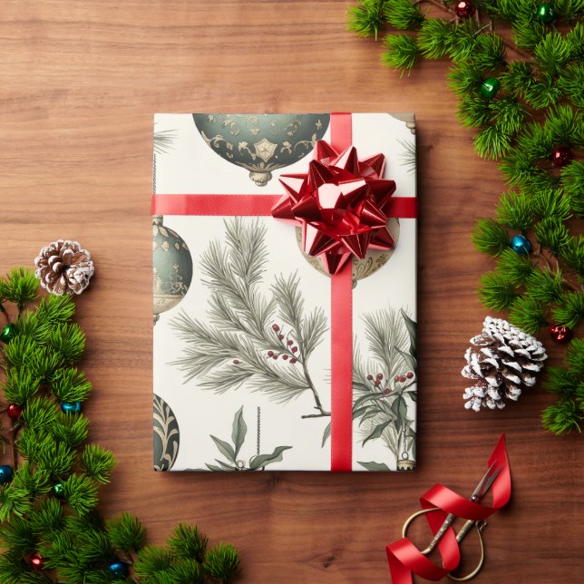 Papier Cadeau Ornements de Noël Sage Green et Gold (Cadeau de vacances)