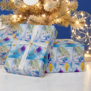 Papier Cadeau Ornements de Noël Vintage Bleu pourpre or