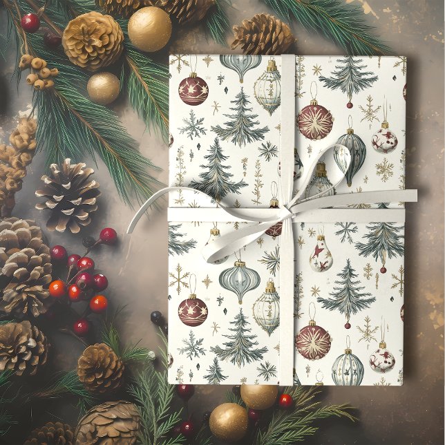 Papier Cadeau Ornements de Noël vintage sur crème (Créateur téléchargé)