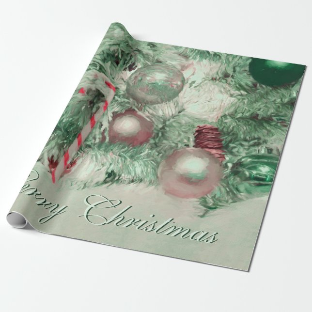 Papier Cadeau Ornements Joyeux Noël Vert Rose Arbre de Vacances (Déroulé)