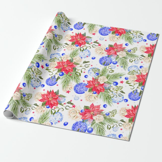 Papier Cadeau Ornements roses et bleus de poinsettia de Noël (Déroulé)