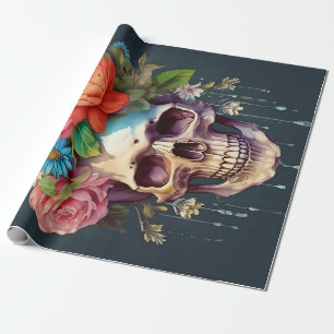 Papier Cadeau Os et fleurs, Crâne et fleurs de jardin