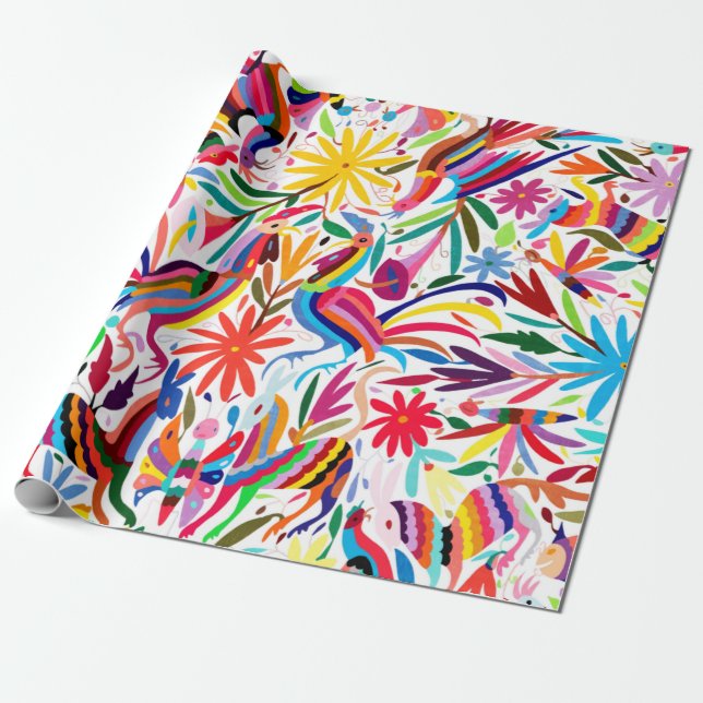 Papier Cadeau Otomi coloré Imprimer, Motif floral/animal (Déroulé)