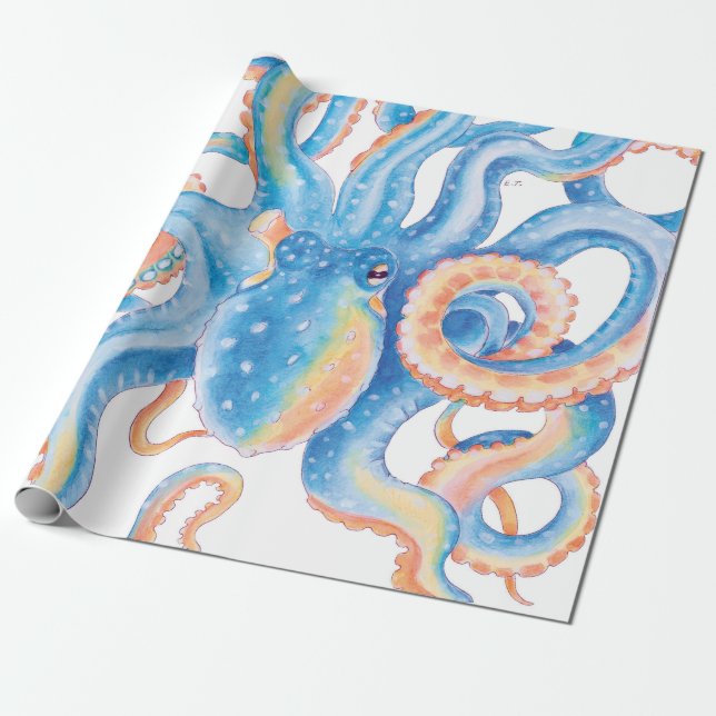 Papier Cadeau Otopus bleu aquarelle (Déroulé)