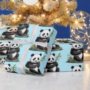 Papier Cadeau Ourdou Mignon Ours Panda Avec Verdure Bamboo Bleu