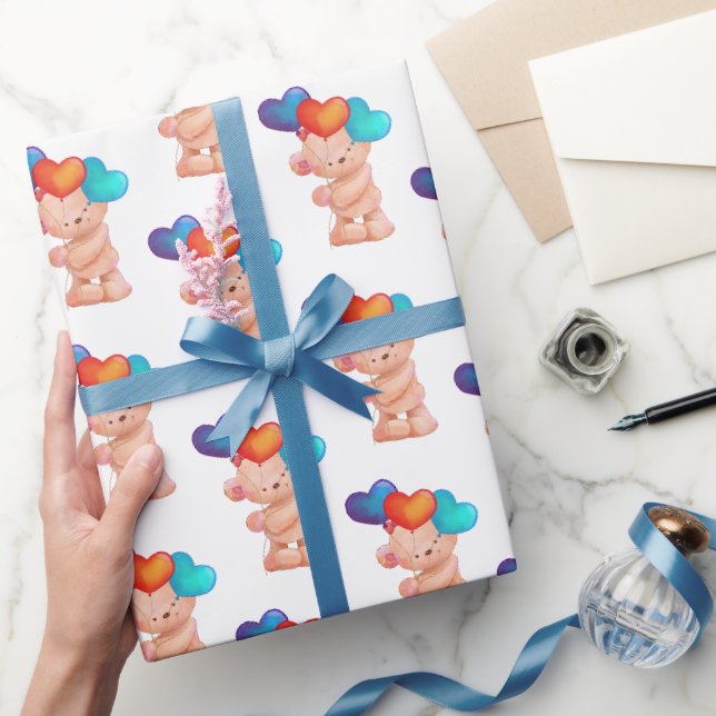 Papier Cadeau Ours avec ballon de coeur anniversaire (Cadeaux)