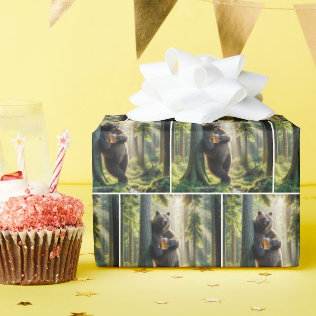 Papier Cadeau Ours avec bière d'anniversaire (Fête d'anniversaire)