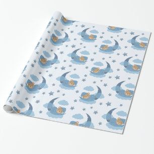 Papier Cadeau Ours Bébé Couché Bleu Sur Lune Nuages & Étoiles