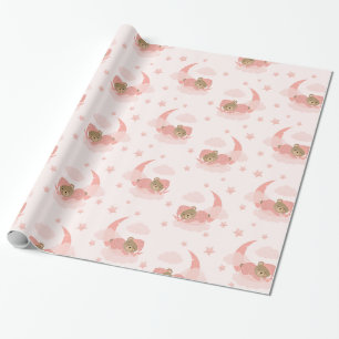 Papier Cadeau Ours Bébé Couché Rose Sur Lune Nuages & Étoiles