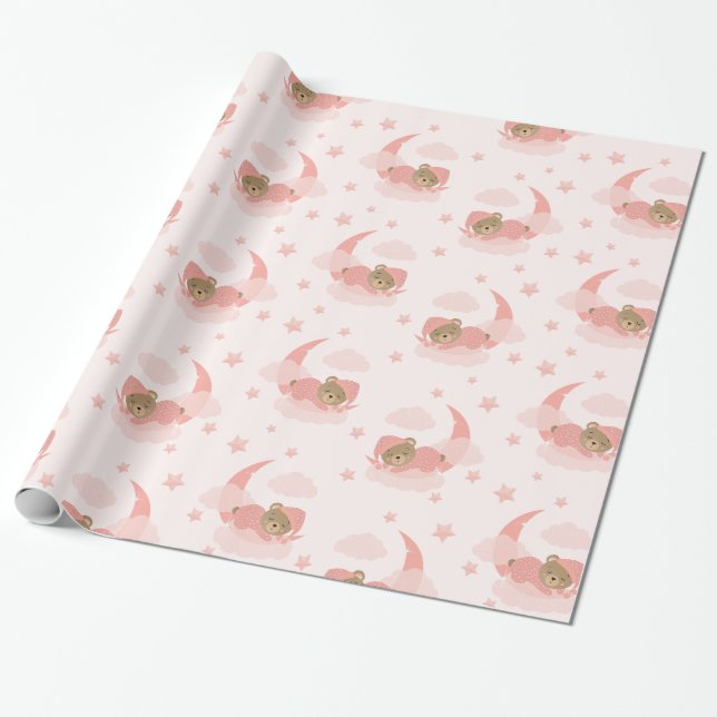 Papier Cadeau Ours Bébé Couché Rose Sur Lune Nuages & Étoiles (Déroulé)