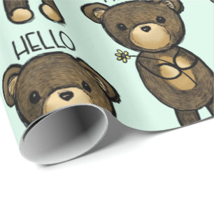 Papier Cadeau Ours Brown mignon tenant une Fleur Jaune