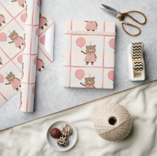 Papier Cadeau Ours de robe rose plaid à la corne et Casquette