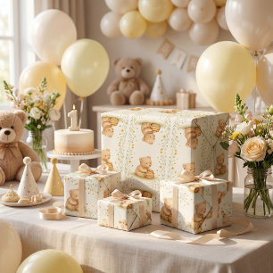 Papier Cadeau Ours en Nid d'Abeille Fleurs Bébé Anniversaire