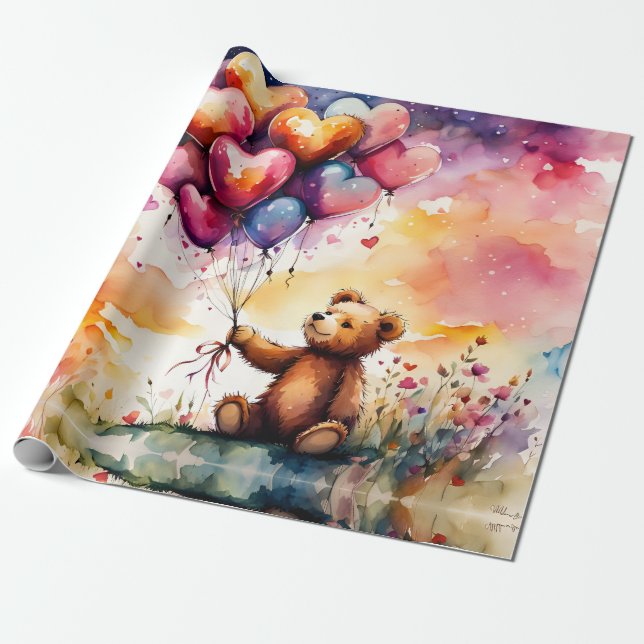Papier Cadeau Ours en peluche avec ballons en forme de coeur (Déroulé)