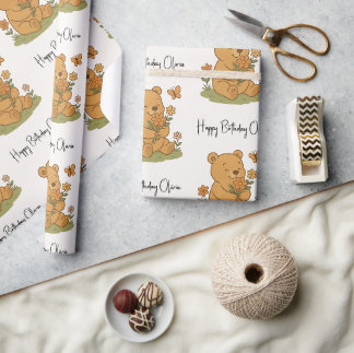 Papier Cadeau Ours en peluche avec fleurs personnalisé - Anniver