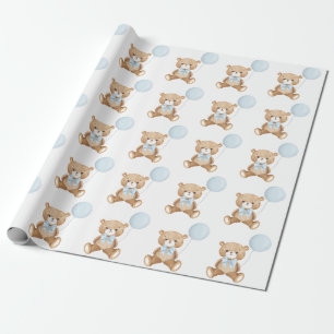Papier Cadeau Ours en peluche doux avec Balloon bleu pastel doux