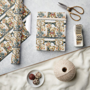 Papier Cadeau Ours en peluche floral lettre T