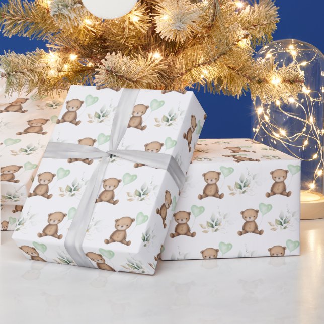 Papier Cadeau Ours en peluche moderne avec Balloon & Green Party (Vacances)