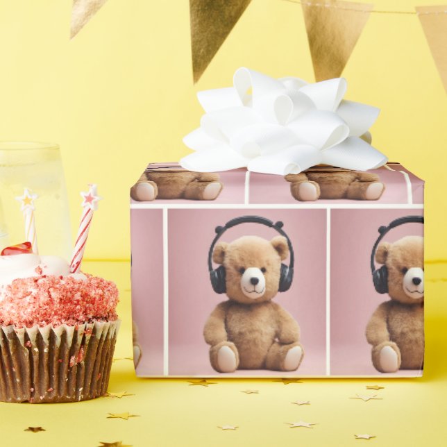 Papier Cadeau Ours en peluche portant un casque (Fête d'anniversaire)