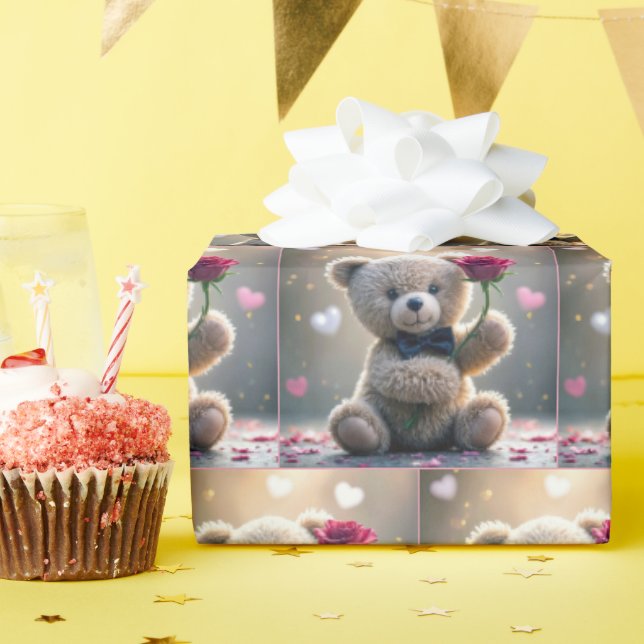 Papier Cadeau Ours En Teddy Avec Rose Rouge (Fête d'anniversaire)