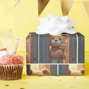 Papier Cadeau Ours en Teddy Brown avec Bouquet Fleur sauvage