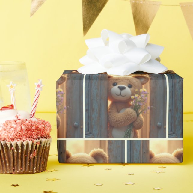 Papier Cadeau Ours en Teddy Brown avec Bouquet Fleur sauvage (Fête d'anniversaire)