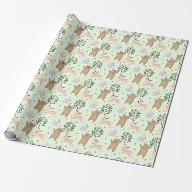 Papier Cadeau Ours et cerfs en Motif forestier (Déroulé)