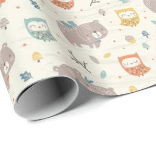 Papier Cadeau Ours et Chouettes de Chute mignonnes à la crème