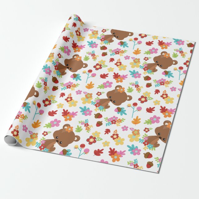 Papier Cadeau Ours et fleurs en bois mignonne Baby shower fille  (Déroulé)