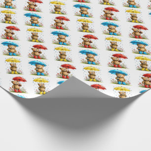 Papier Cadeau Ours mignons en galoches avec des parapluies fanta