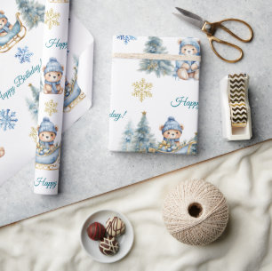 Papier Cadeau Ours Noël un premier anniversaire hiver