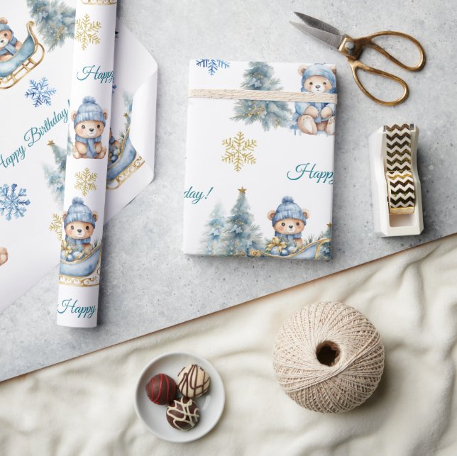 Papier Cadeau Ours Noël un premier anniversaire hiver (Artisanat)