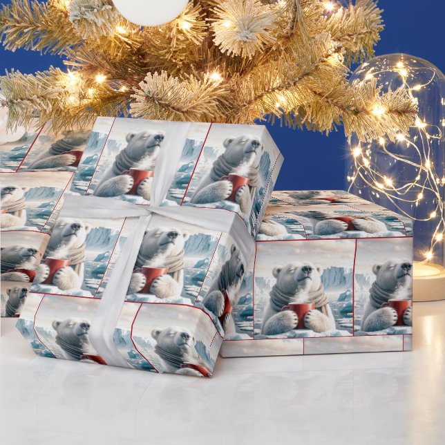 Papier Cadeau Ours Polaire Avec Mug De Café Rouge (Vacances)