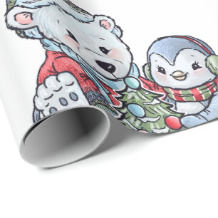 Papier Cadeau Ours polaire de Noël avec un ami